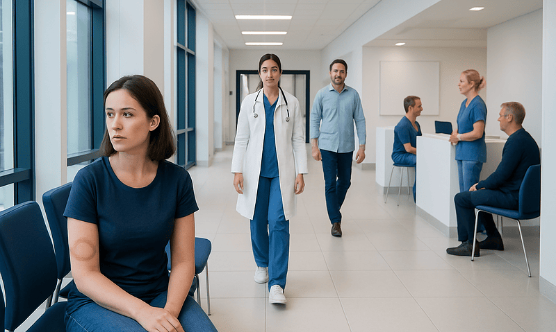 Patients waiting in a modern hospital corridor with medical staff present.