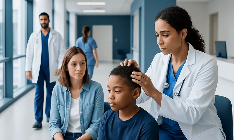 Doctor examining child's scalp in a hospital setting.