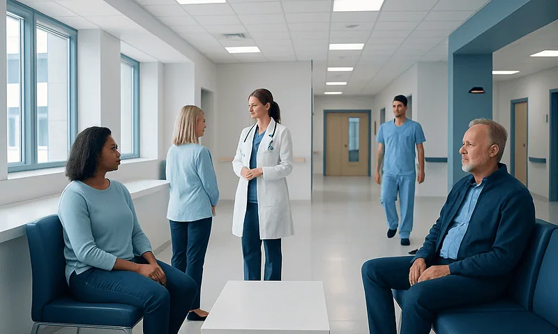 Risperidone — Explained by Medical Evidence, Not Myths 2 Medical consultation in hospital corridor with doctor and patients.