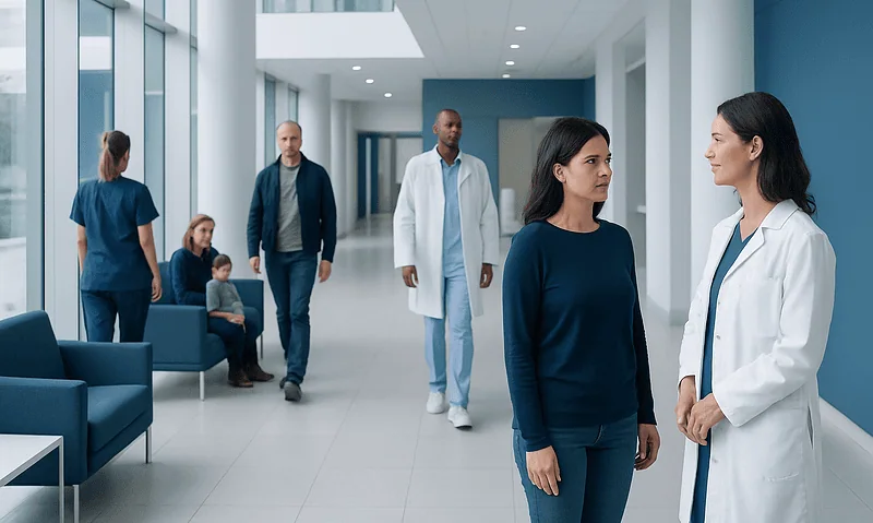 Healthcare professionals and patients in a modern hospital corridor.