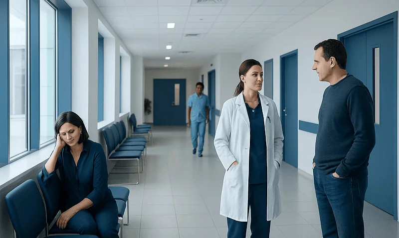 Medical professionals and patient in hospital corridor at Acibadem Hospitals Group.