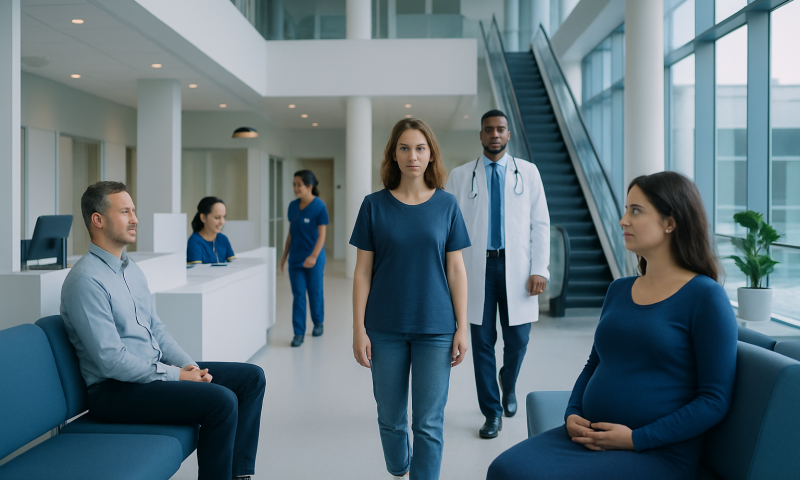 Pregnant woman and medical staff in hospital lobby.