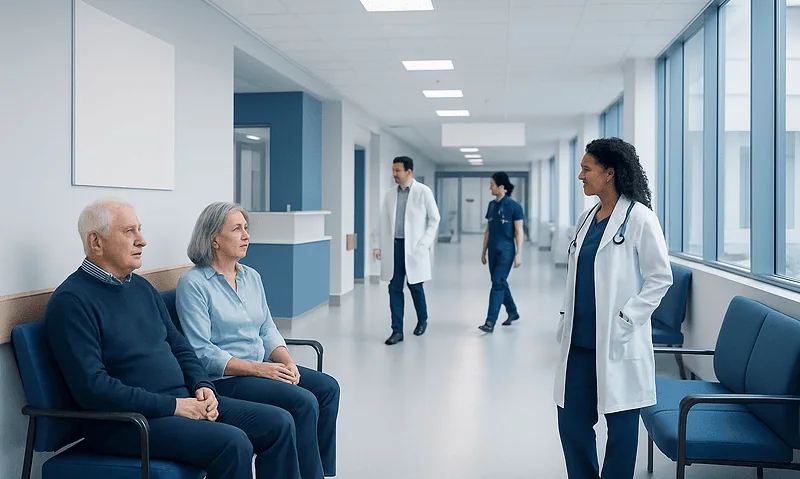 Hospital waiting area with elderly patients and medical staff.
