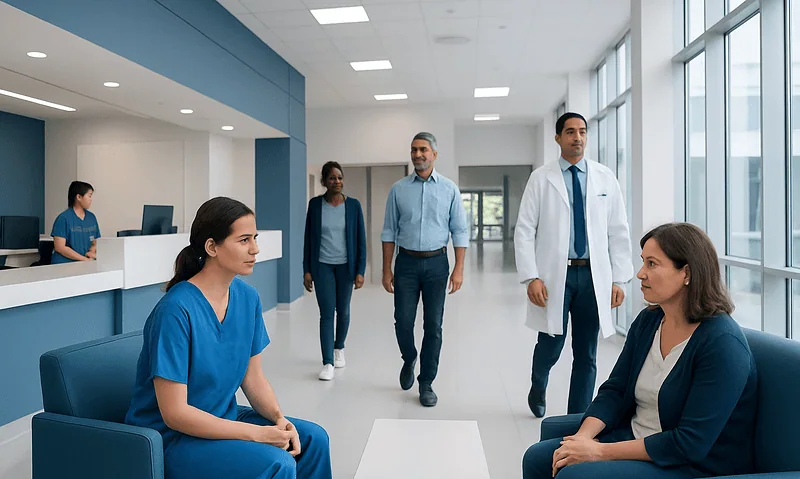 Hospital waiting area with medical staff and patients at Acibadem Hospitals Group.