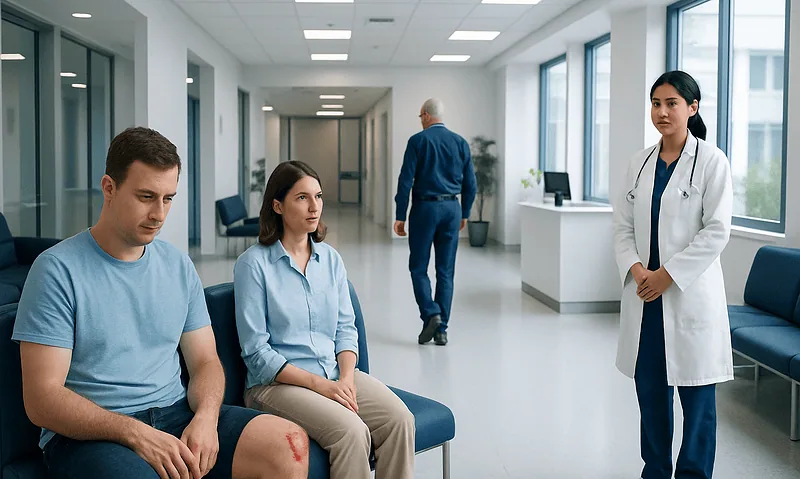 Patients waiting in a hospital corridor with a healthcare professional nearby.