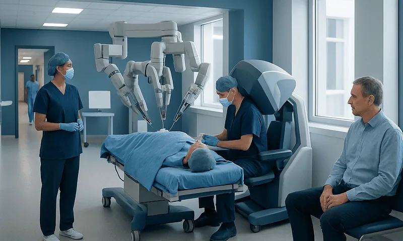 Robotic surgical system performing minimally invasive procedure in hospital.