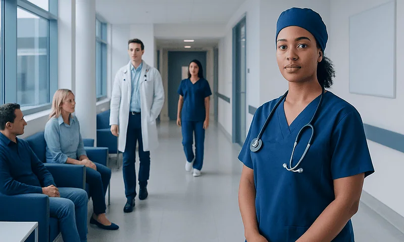 Diverse medical team in hospital corridor with nurse in foreground.