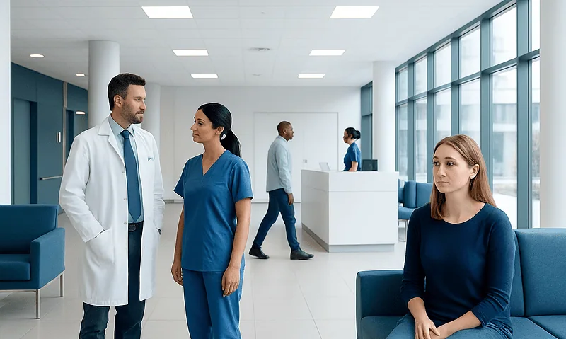 Patients and medical staff in a modern hospital waiting area.