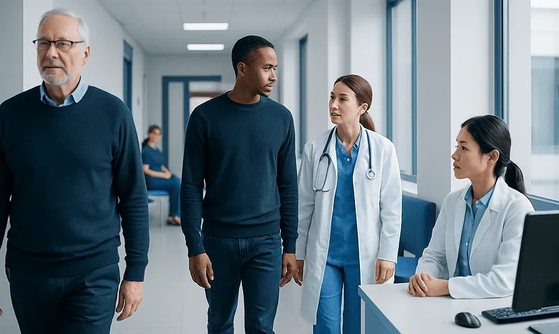 Patients and doctors in a hospital corridor at Acibadem Hospitals Group.