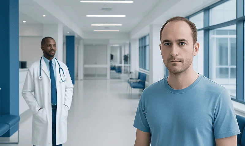 Patient in a hospital corridor with a doctor in the background.