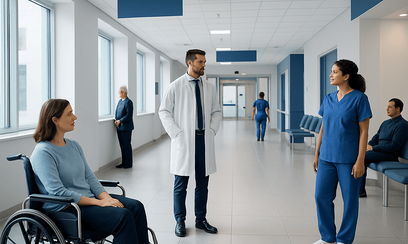 Medical staff and patient in hospital corridor at Acibadem Hospitals Group.