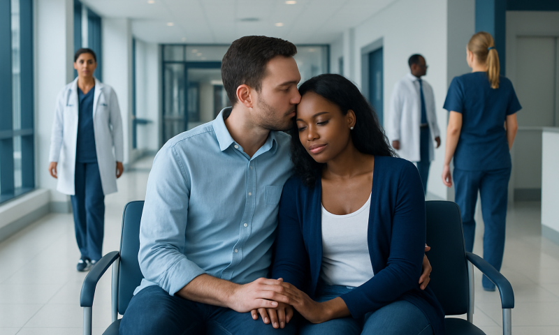 Couple in hospital waiting area with medical staff in background.