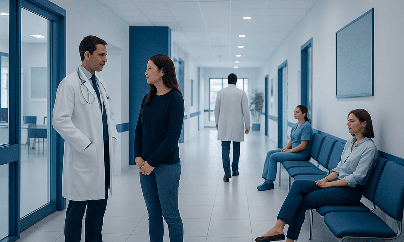 Medical professionals and patients in a hospital corridor at Acibadem Hospitals Group.