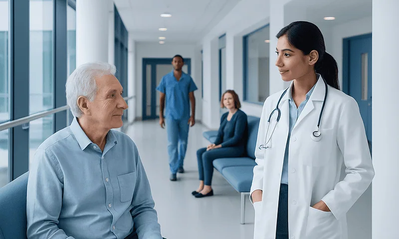 Doctor talking to elderly patient in hospital corridor at Acibadem Hospitals.
