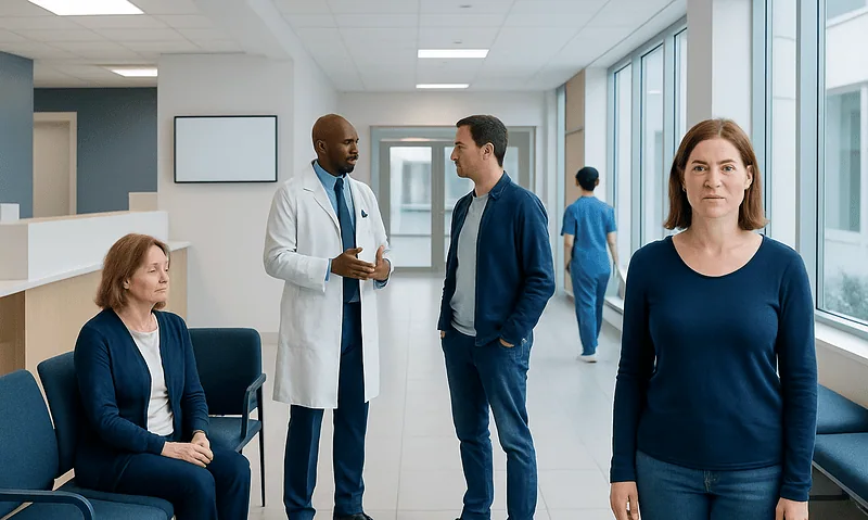 Medical consultation in a hospital corridor with diverse patients and staff.