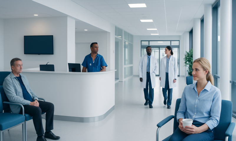 Patients waiting in a modern hospital corridor with medical staff nearby.