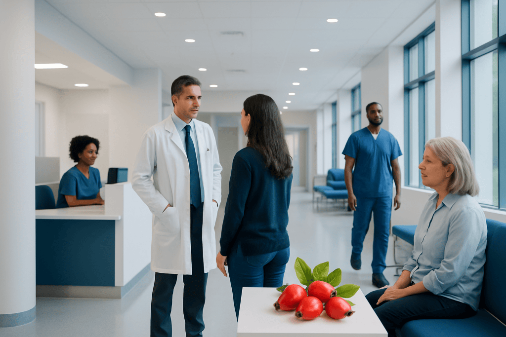 Rose Hips: What Patients Need to Know 1 Medical staff and patient in hospital corridor at Acibadem Hospitals Group.