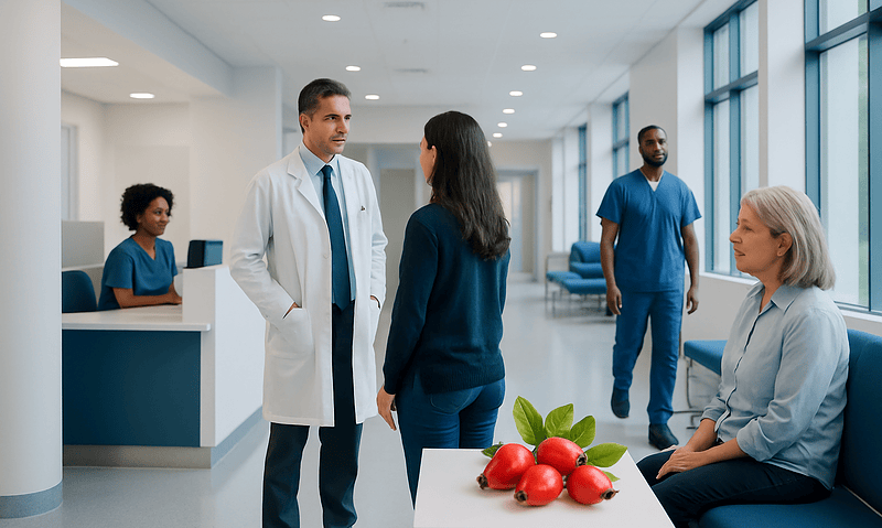 Medical staff and patient in hospital corridor at Acibadem Hospitals Group.