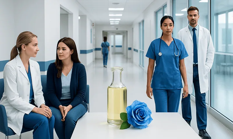 Medical team with rose oil in hospital corridor for wellness and healing.