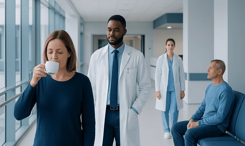 Medical professionals and patient in hospital corridor at Acibadem Hospitals Group.
