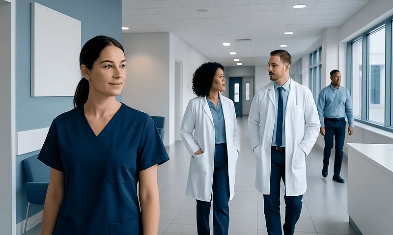 Medical team in hospital corridor with doctors and nurse.