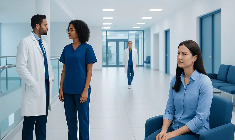Medical professionals and patient in hospital corridor at Acibadem Hospitals Group.