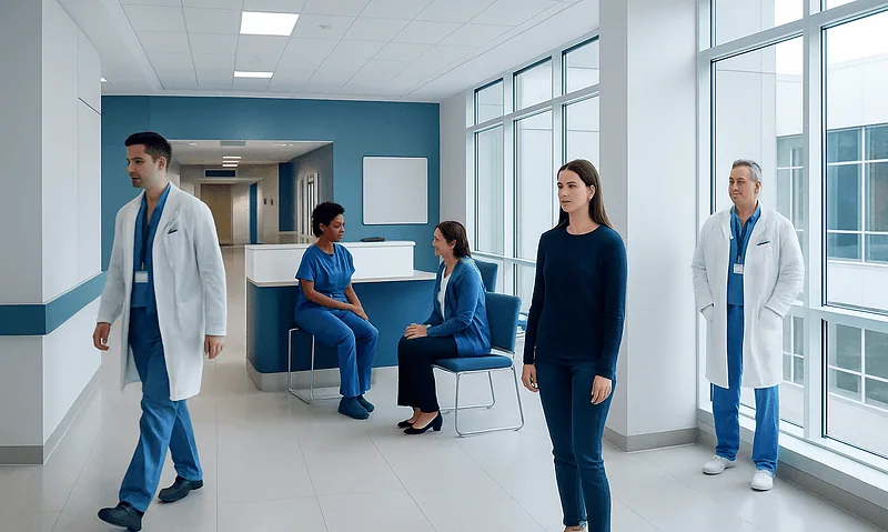 Hospital corridor with medical staff and patients in a modern healthcare facility.