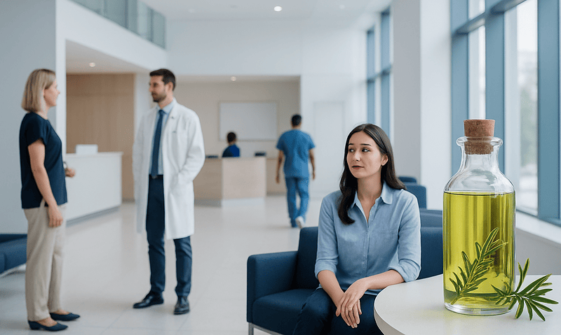 Patient waiting in hospital lobby with herbal oil on table.