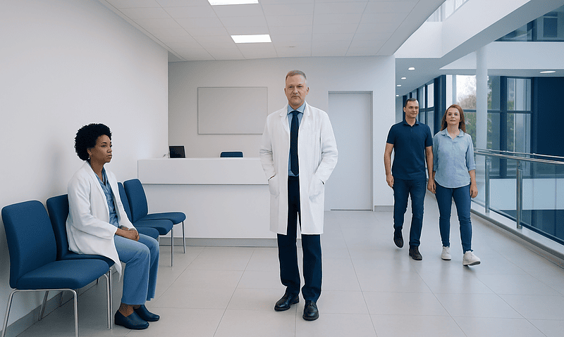 Medical professionals in a modern hospital corridor.