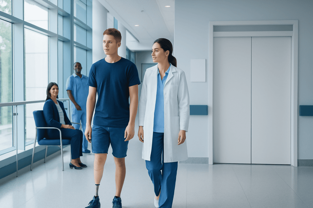 Rotationplasty: Benefits, Risks, and Recovery — A Complete Guide 1 Young patient walking with doctor in hospital corridor.