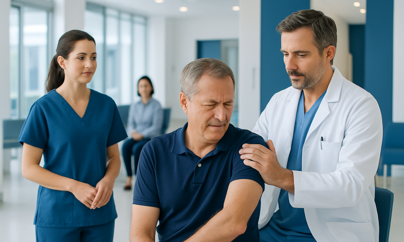 Doctor examining patient's shoulder in a hospital setting.