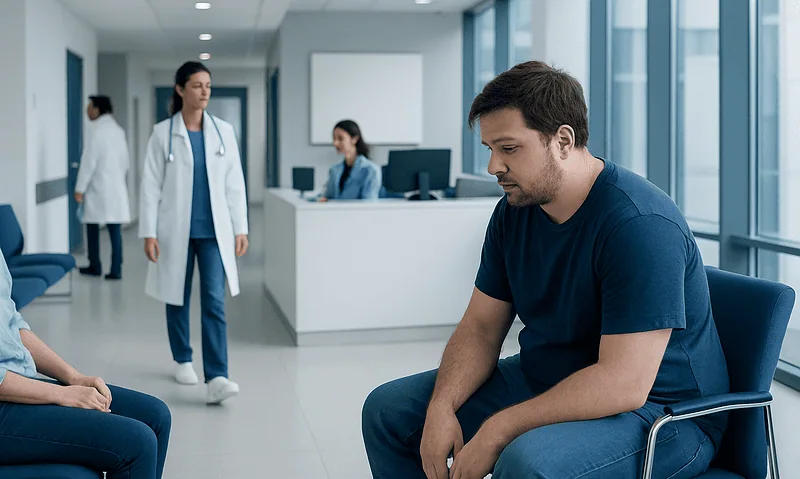 Patient consulting doctor in a modern hospital waiting area.