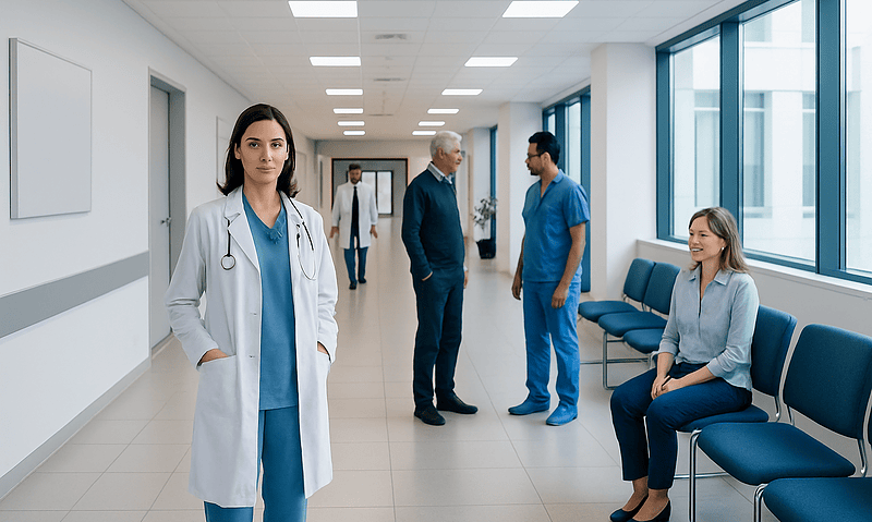 Healthcare professionals and patients in a modern hospital corridor.