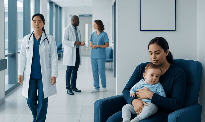 Hospital waiting area with medical staff and a mother with child.