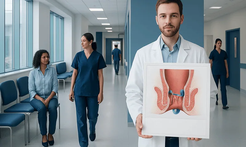 Doctor holding diagram of hemorrhoids in a hospital corridor.