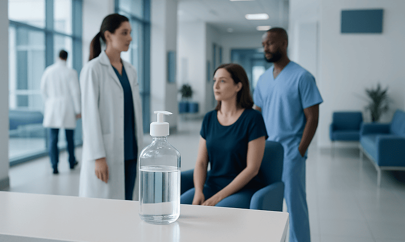 Medical professionals discussing patient care in hospital corridor with hand sanitizer in foreground.