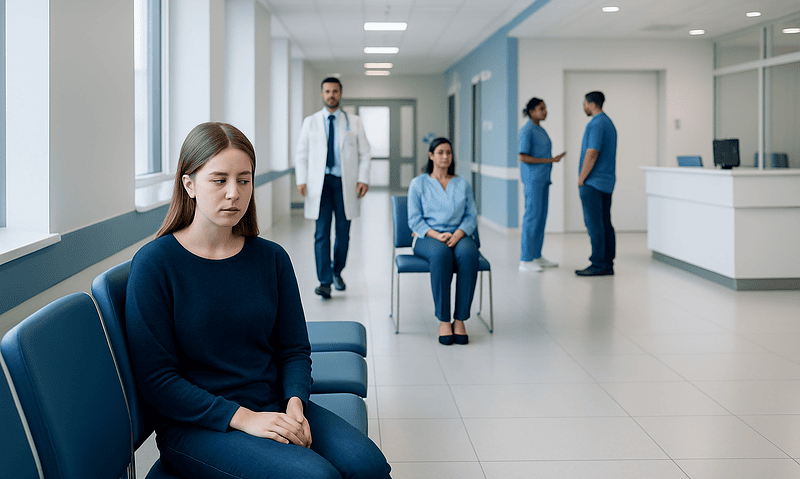 Patients waiting in a hospital corridor for medical consultation.