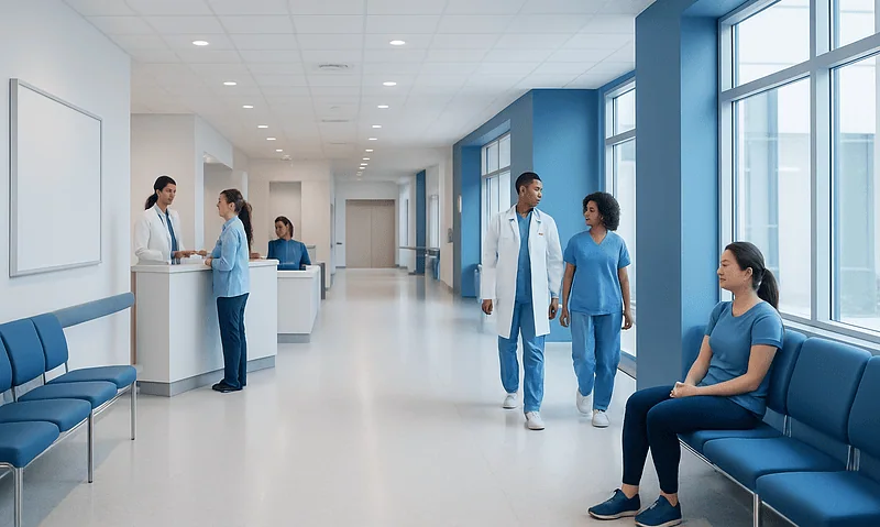 Modern hospital corridor with medical staff and patient seating area.