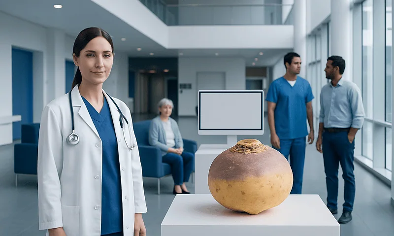 Medical team examining a large rutabaga in a hospital setting.