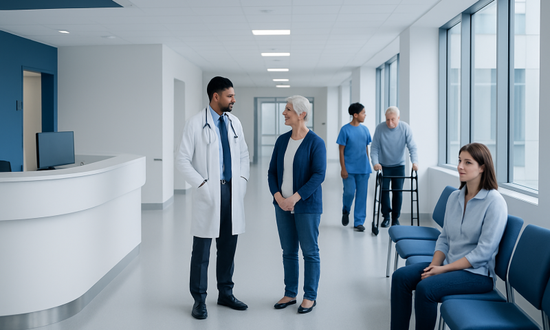 Healthcare professionals and patients in a modern hospital corridor.