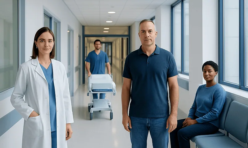 Healthcare professionals and patient in hospital corridor at Acibadem Hospitals Group.