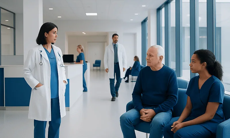 Healthcare professionals consulting with a patient in a modern hospital corridor.