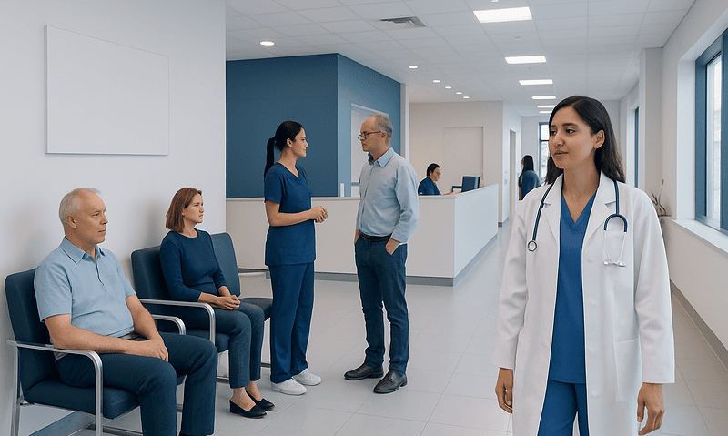 Healthcare professionals and patients in a modern hospital waiting area.