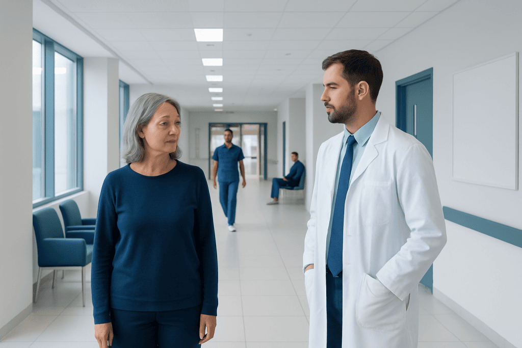 How Sacral Neuromodulation Works: Candidacy, Testing, and Results 1 Doctor consulting with a female patient in a hospital corridor.