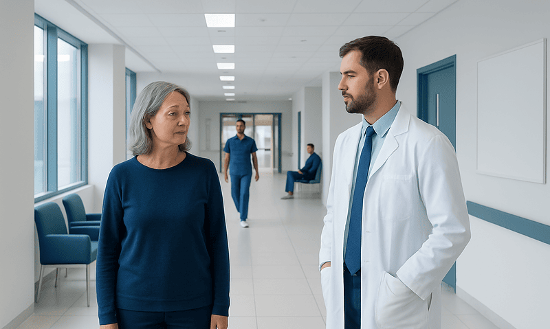 Health Library 7 Doctor consulting with a female patient in a hospital corridor.