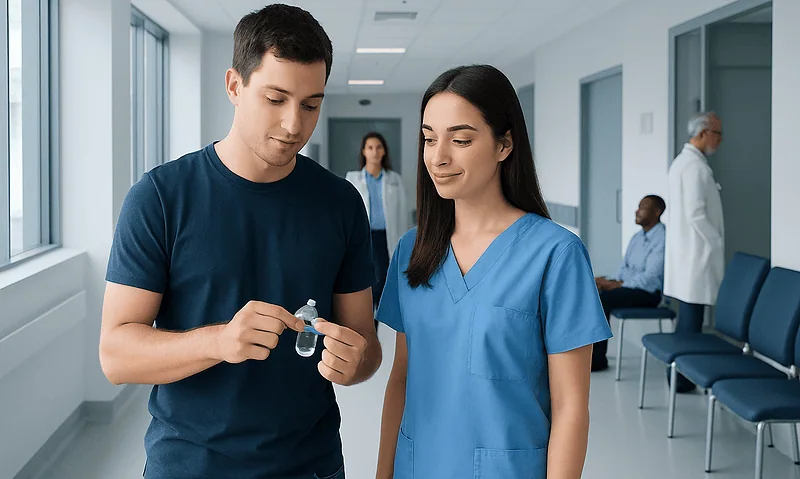 Young man and nurse examining a condom in a hospital corridor.