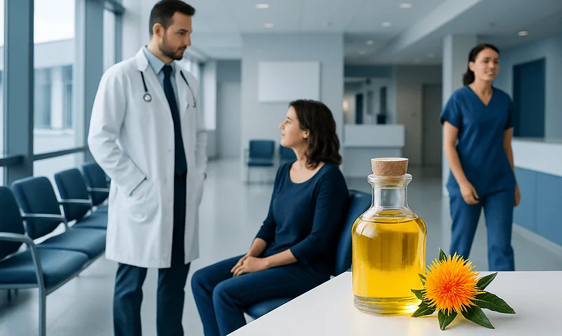 Doctor consulting a patient in a hospital corridor with a bottle of safflower oil on a table.