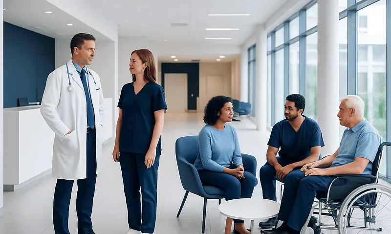 Medical team consulting with patients in a modern hospital corridor.