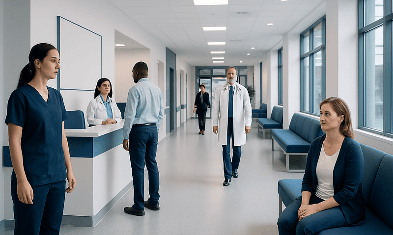 Hospital corridor with medical staff and patients at Acibadem Hospitals Group.