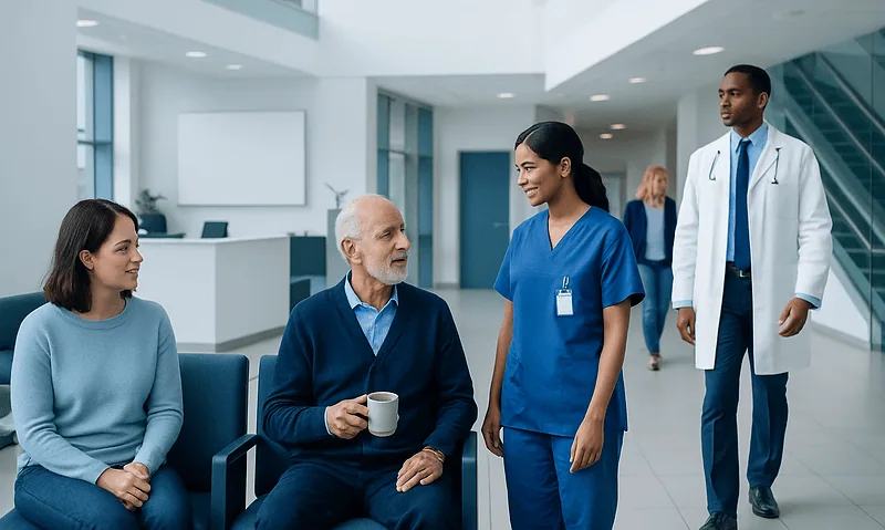 Hospital staff consulting with a patient in a modern healthcare facility.